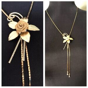 Jonell Vintage Mesh Rose Flower Lariat Bolo Slide Necklace Cobra Chain Gold Tone